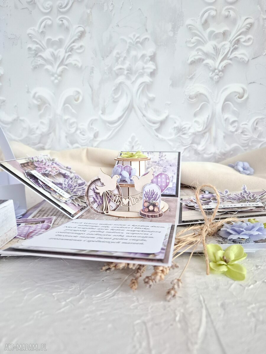Elegancka kartka ślubna Exploding Box ręcznie zdobiona, scrapbooking
