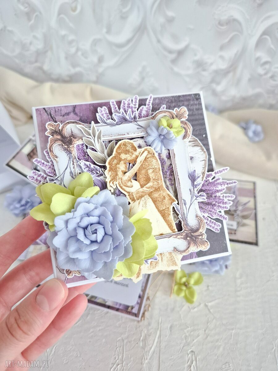 Elegancka kartka ślubna Exploding Box ręcznie zdobiona, scrapbooking