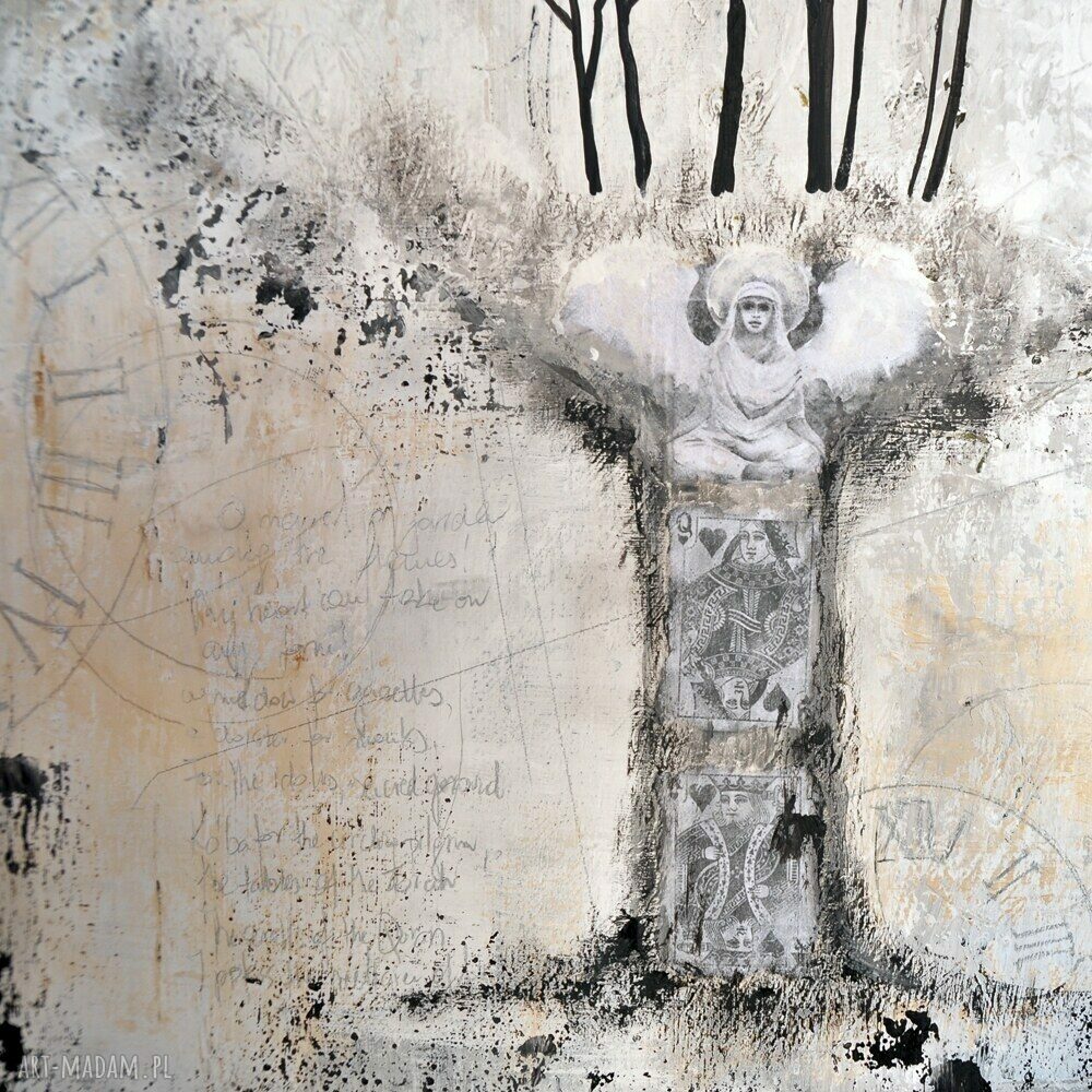 Fairy tree 5 - obraz ręcznie malowany drzewo (50x70), technika mieszana collage, styl skandynawski