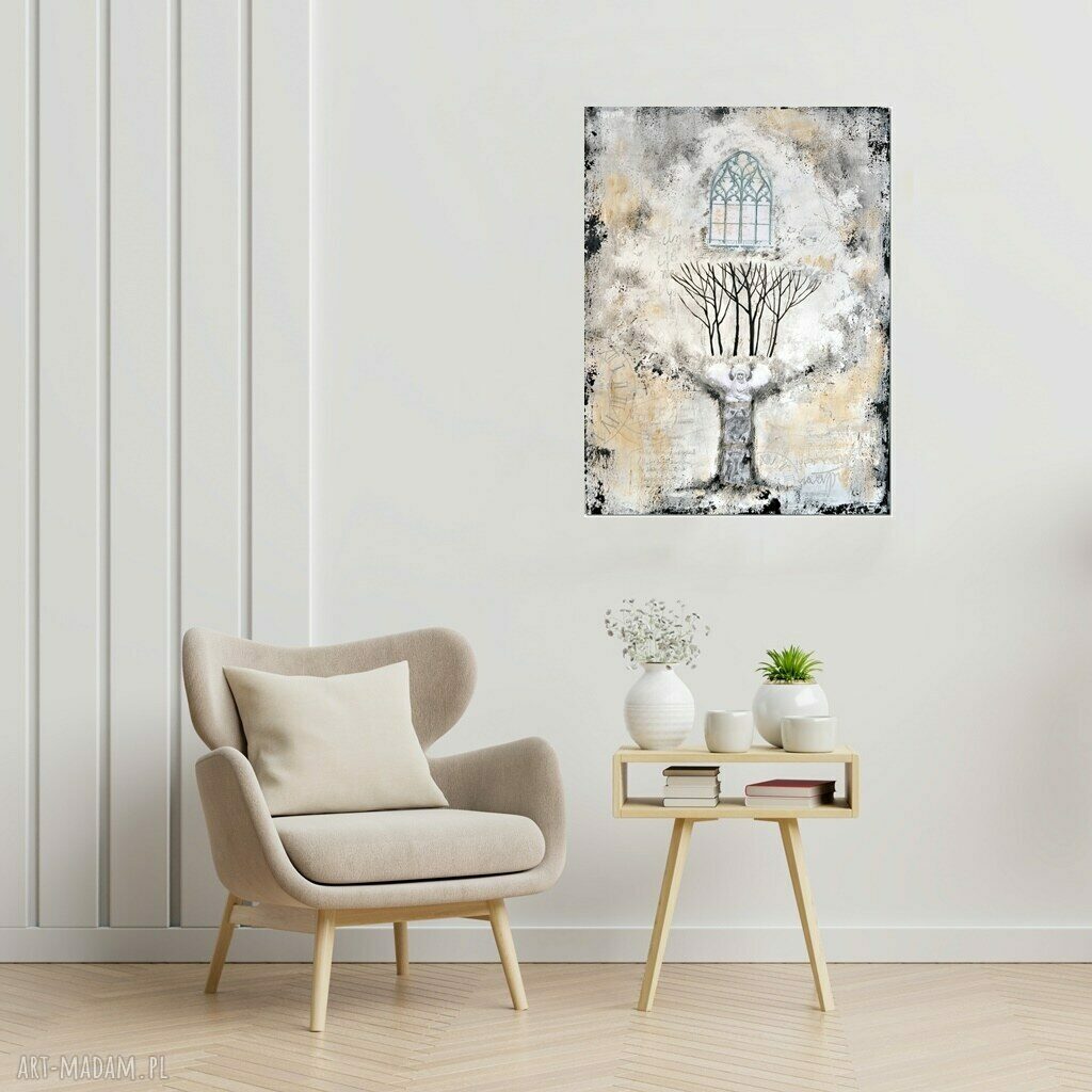 Fairy tree 5 - obraz ręcznie malowany drzewo (50x70), technika mieszana collage, styl skandynawski