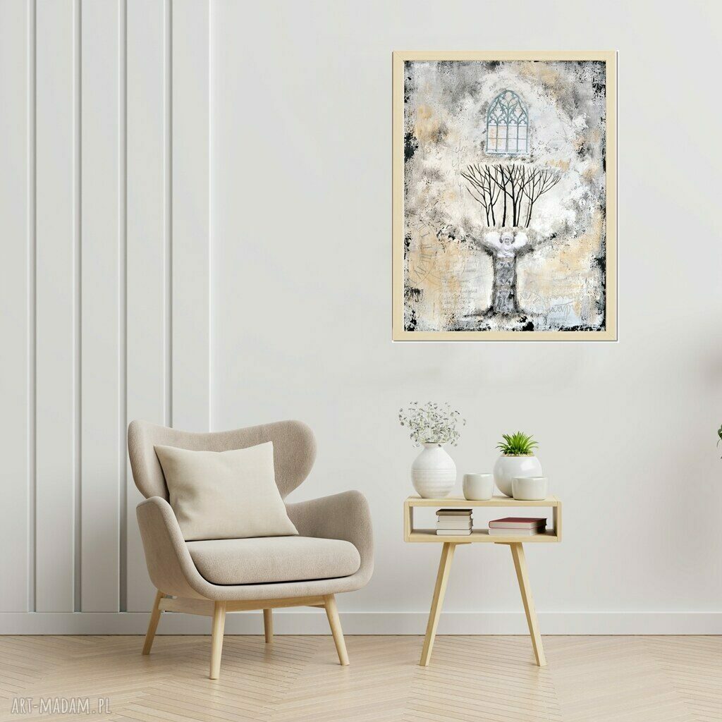 Fairy tree 5 - obraz ręcznie malowany drzewo (50x70), technika mieszana collage, styl skandynawski