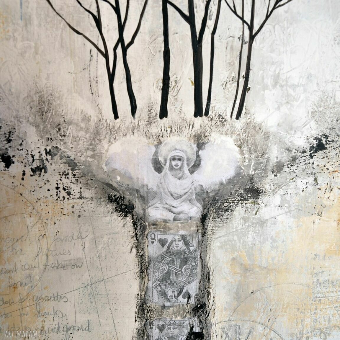 Fairy tree 5 - obraz ręcznie malowany drzewo (50x70), technika mieszana collage, styl skandynawski