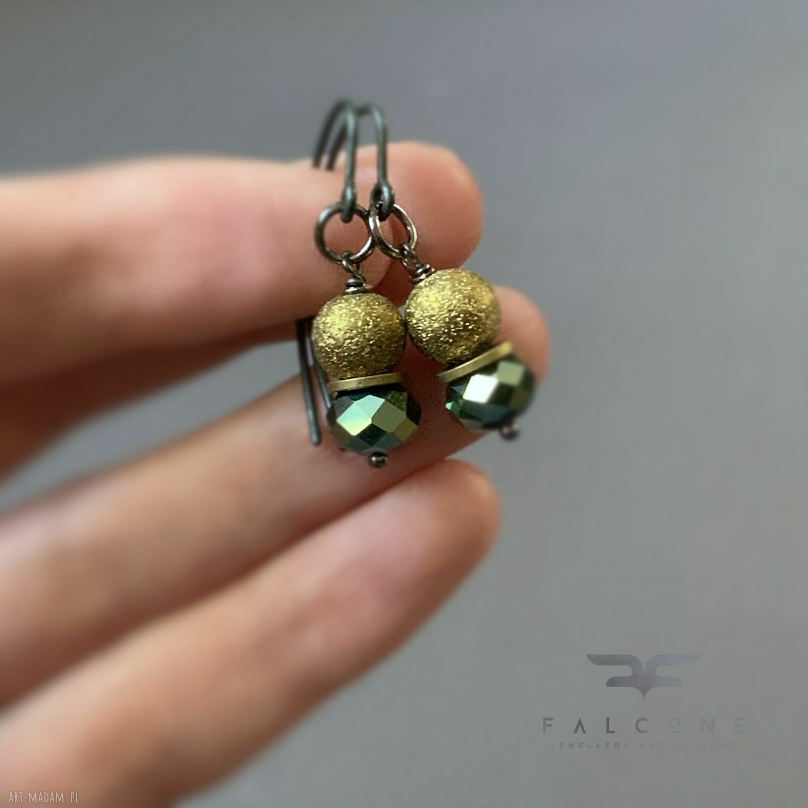 Kolczyki Golden Shadow & Khaki Green - handmade ze srebra 925, mosiądzu i szkła