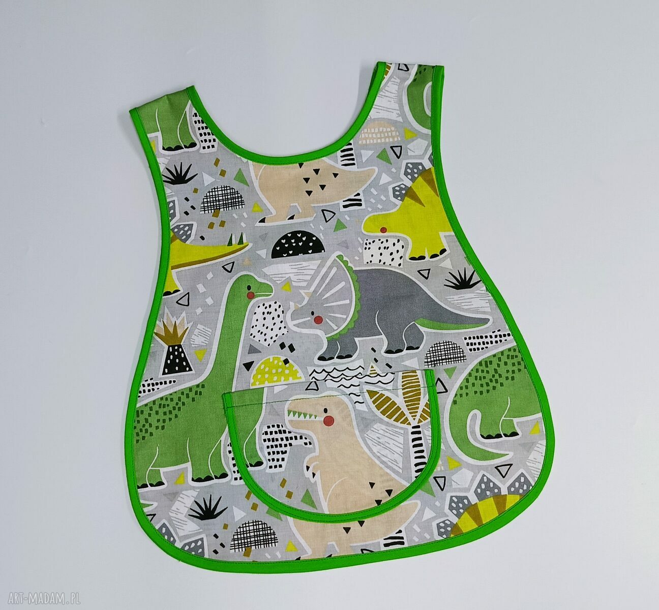 Fartuszek do przedszkola i żłobka Dinozaury na zielonym - personalizacja imienia