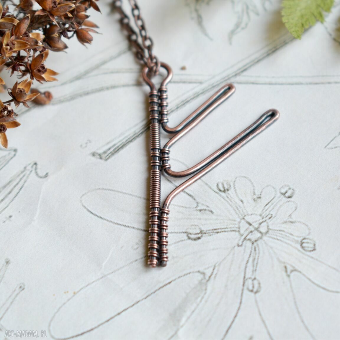 Fehu - miedziany naszyjnik z runą (wire wrapping)