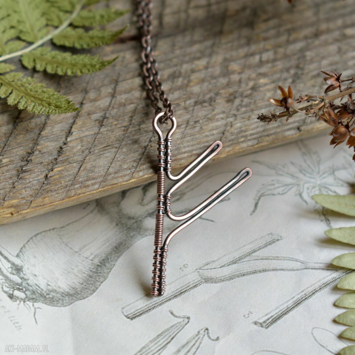Fehu - miedziany naszyjnik z runą (wire wrapping)