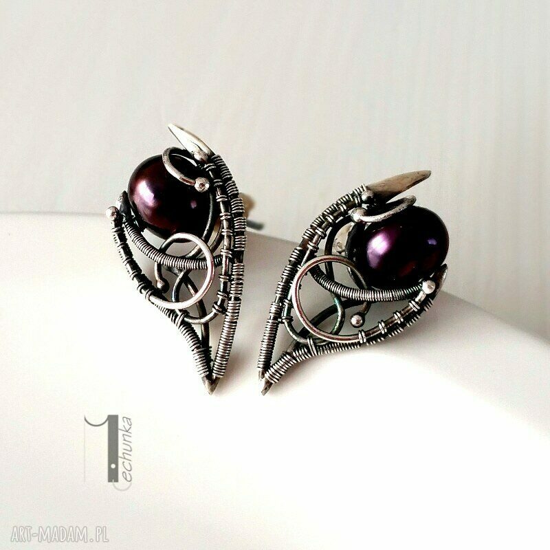 Fern srebrne kolczyki srebro perła czarna wirewrapping