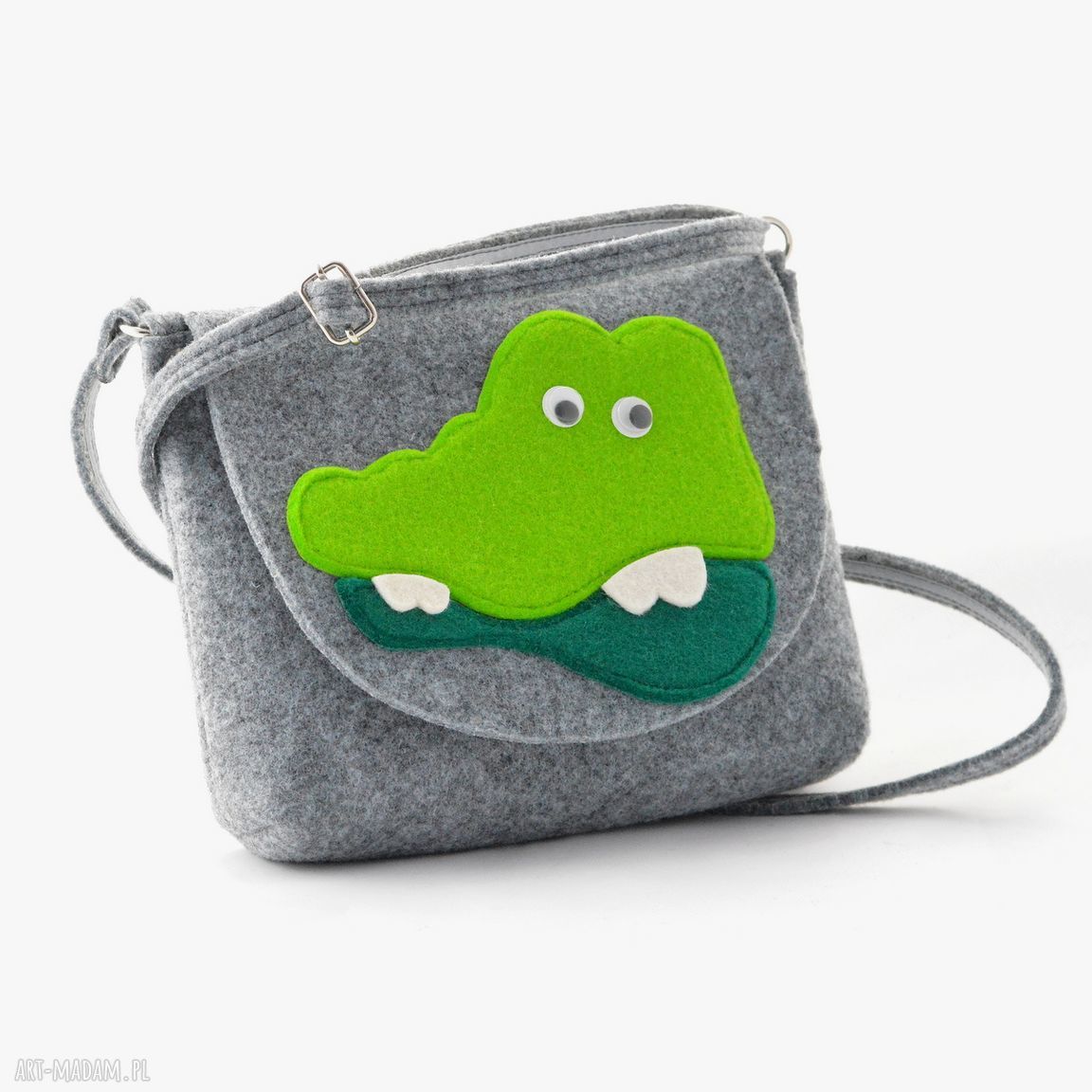 TOREBKA DZIECIĘCA ZIELONY KROKODYL NA SZARYM HandMade