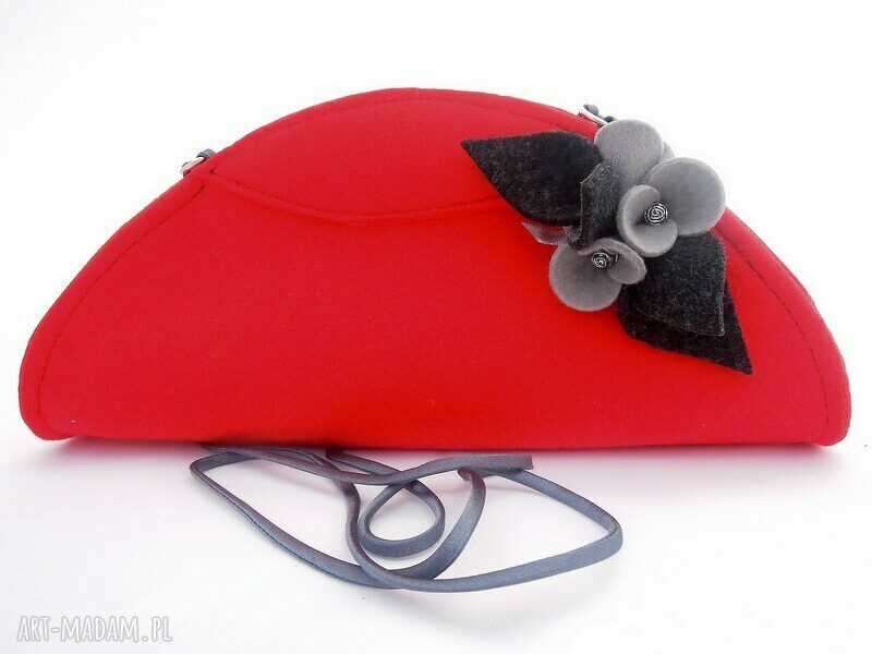 Czerwona Mała Torebka z Szarymi Bratkami HandMade