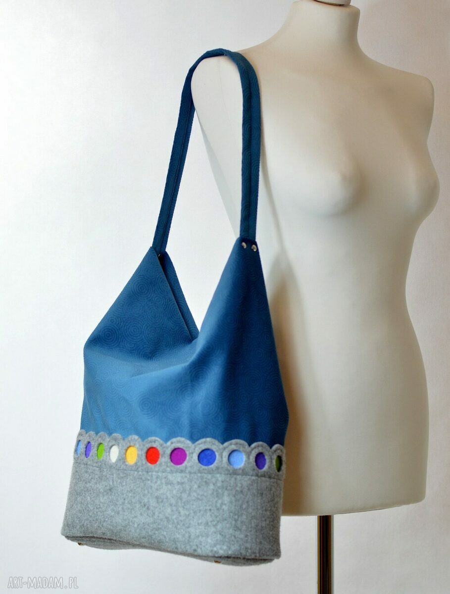 Niebieska Torba na Ramię HOBO Z Kolorowymi Kropkami handmade