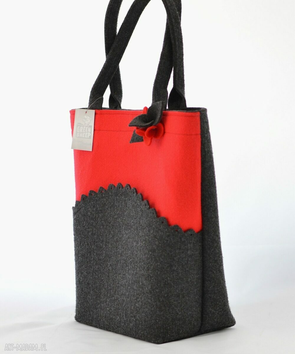 Torebka z Filcu Koszyczek z broszką Grafit i Czerwony Hand Made