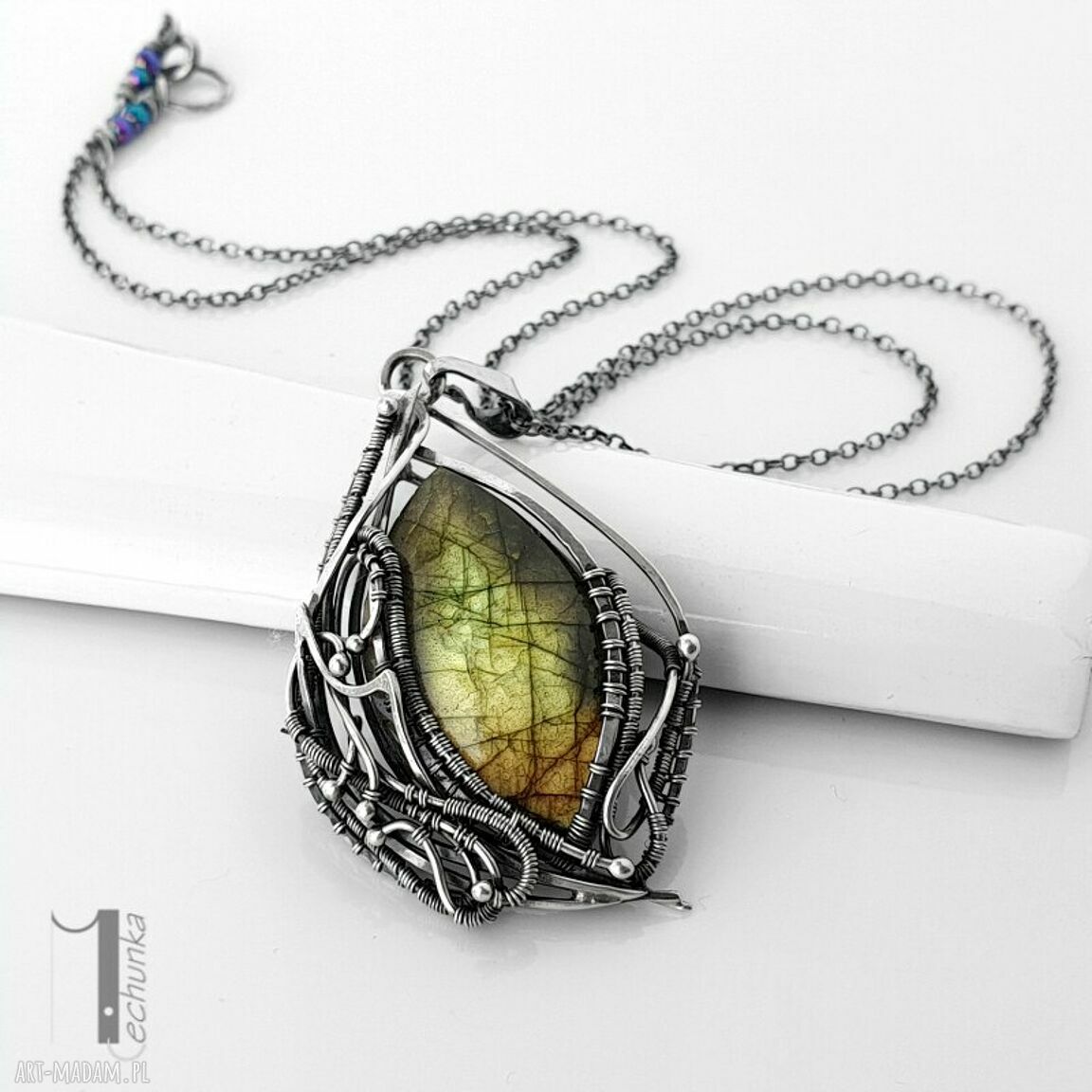 Filix - srebrny naszyjnik z labradorytem - wire wrapping na prezent