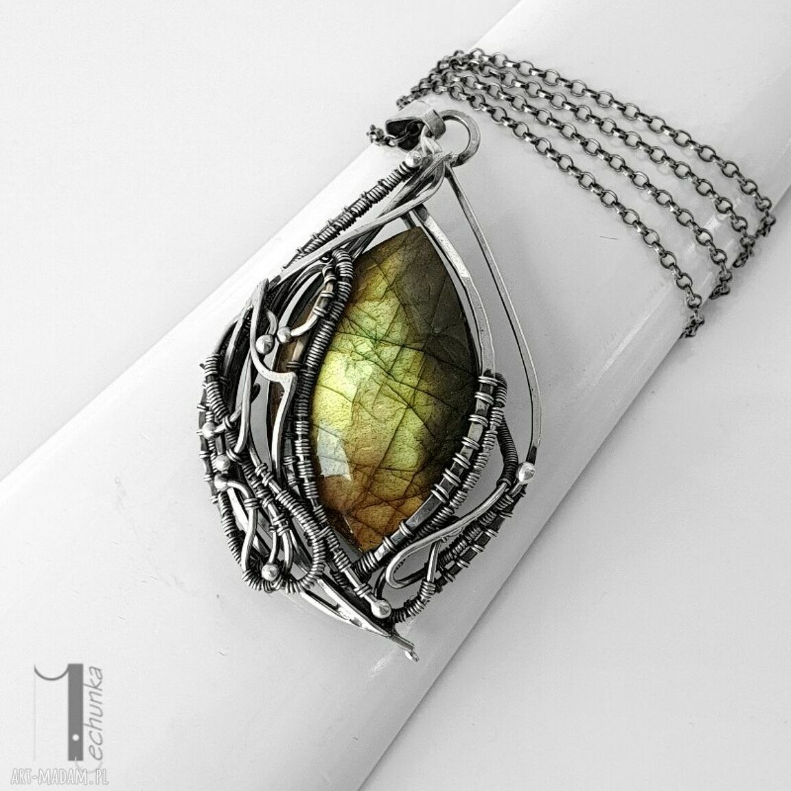 Filix srebrny naszyjnik z labradorytem wire wrapping na prezent