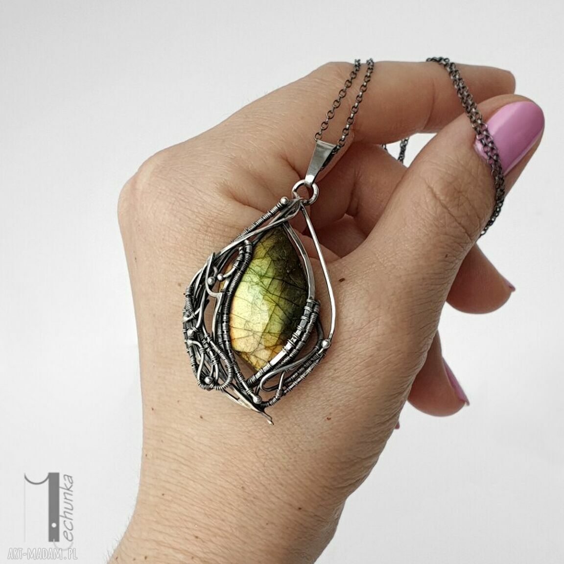 Filix srebrny naszyjnik z labradorytem wire wrapping na prezent