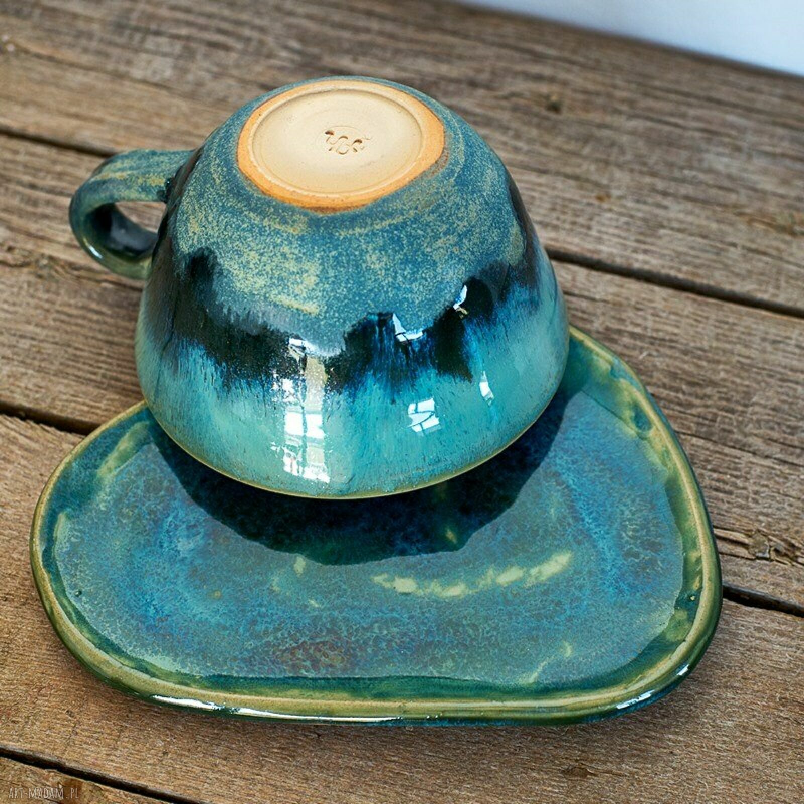 Turkusowa filiżanka ceramiczna z figurką ślimaka - ok. 350 ml