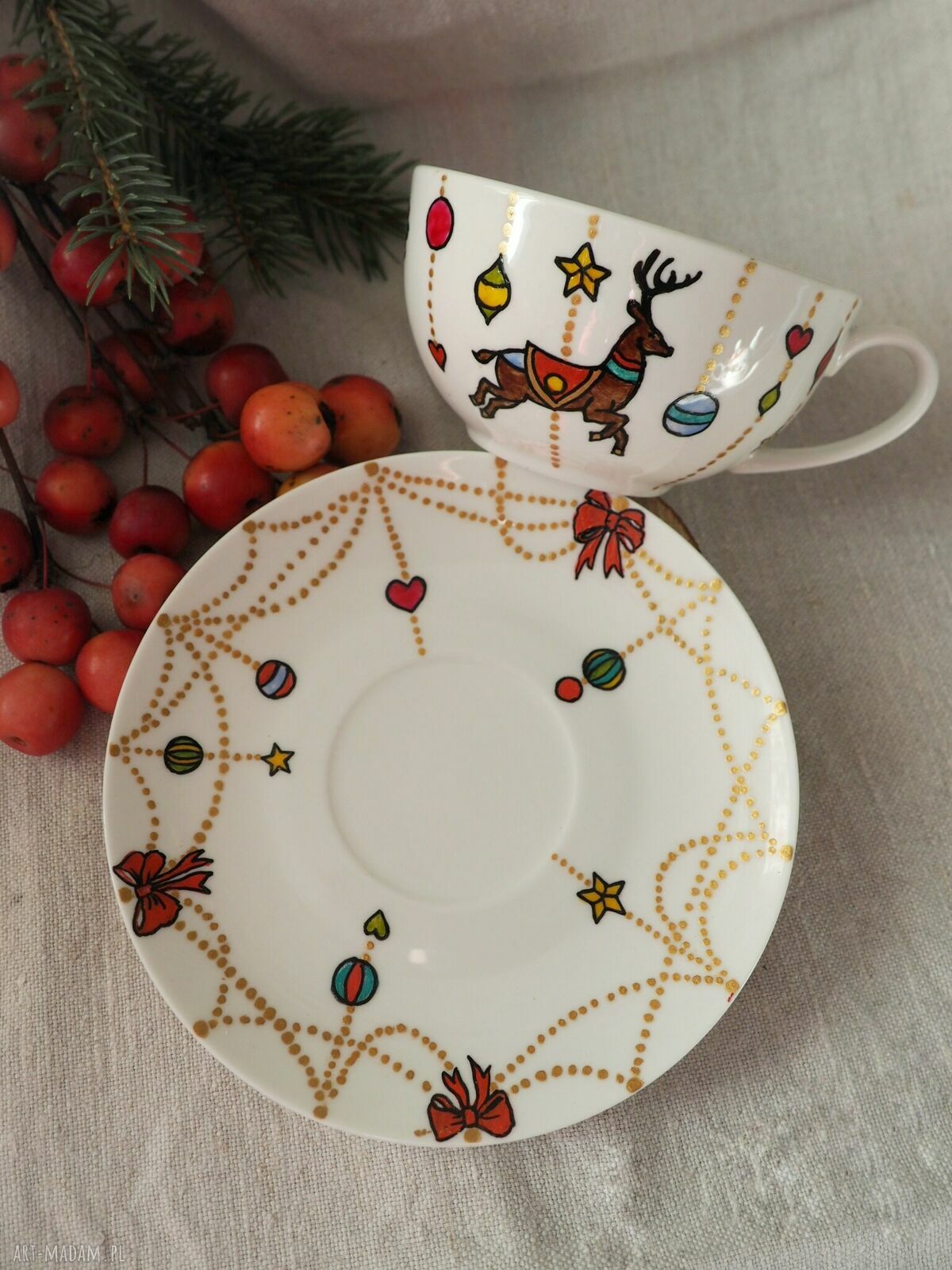 Filiżanka i imbryk tea for one „Świąteczna Karuzela” - ręcznie malowany zestaw do herbaty