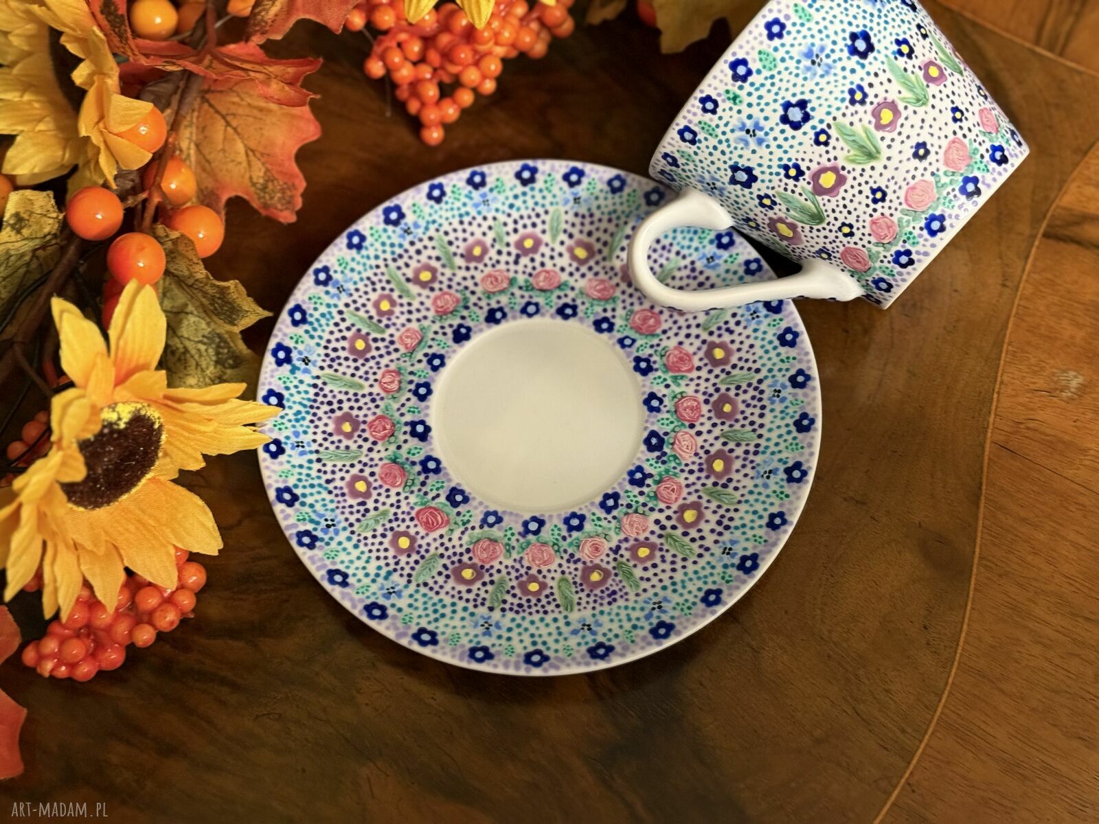 Kolorowa filiżanka porcelanowa ręcznie malowana „Mozaika” ze spodkiem (250 ml)