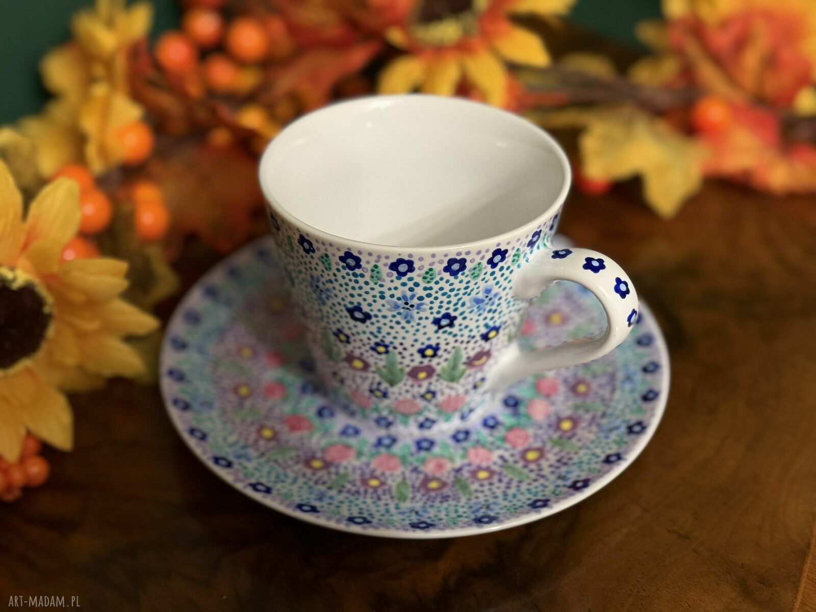 Kolorowa filiżanka porcelanowa ręcznie malowana „Mozaika” ze spodkiem (250 ml)