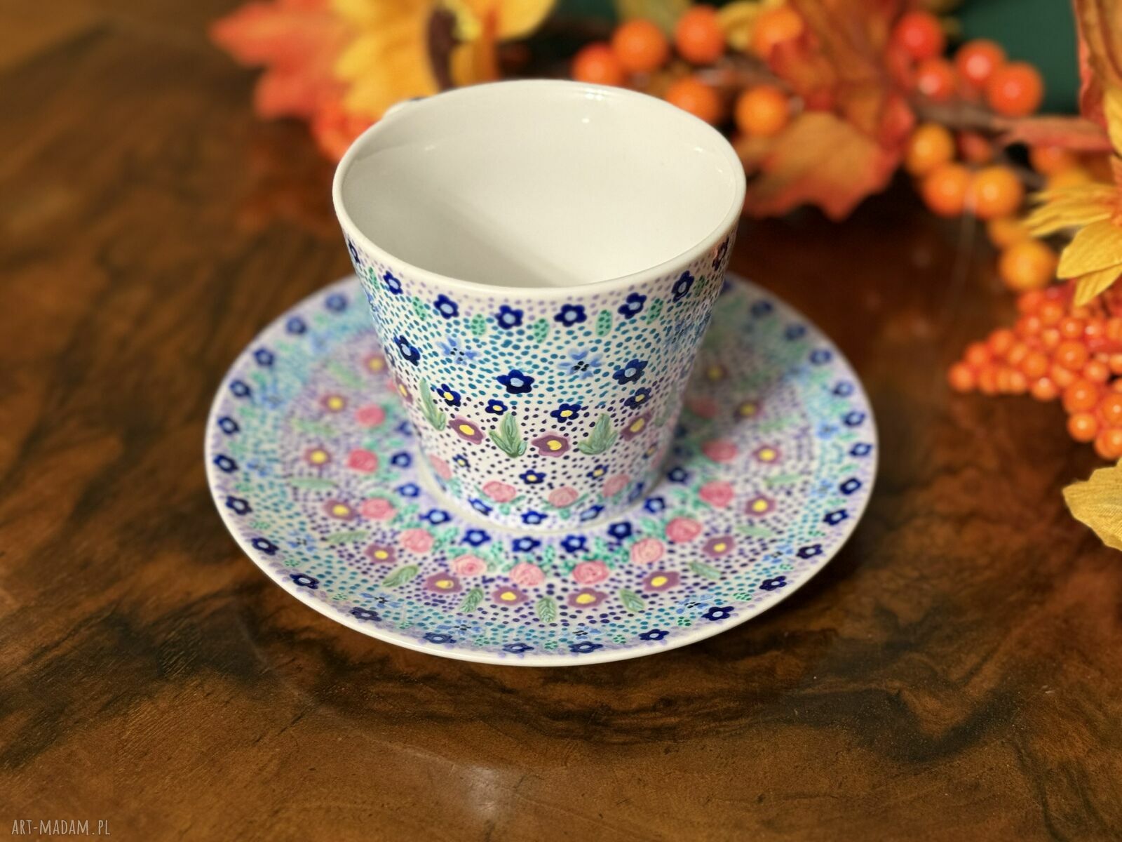 Kolorowa filiżanka porcelanowa ręcznie malowana „Mozaika” ze spodkiem 250 ml
