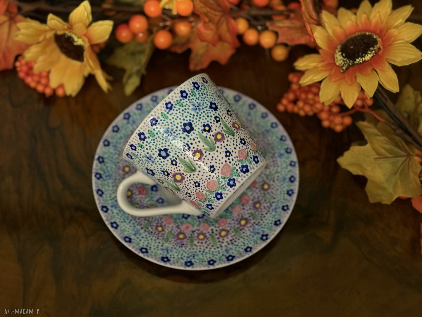 Kolorowa filiżanka porcelanowa ręcznie malowana „Mozaika” ze spodkiem (250 ml)