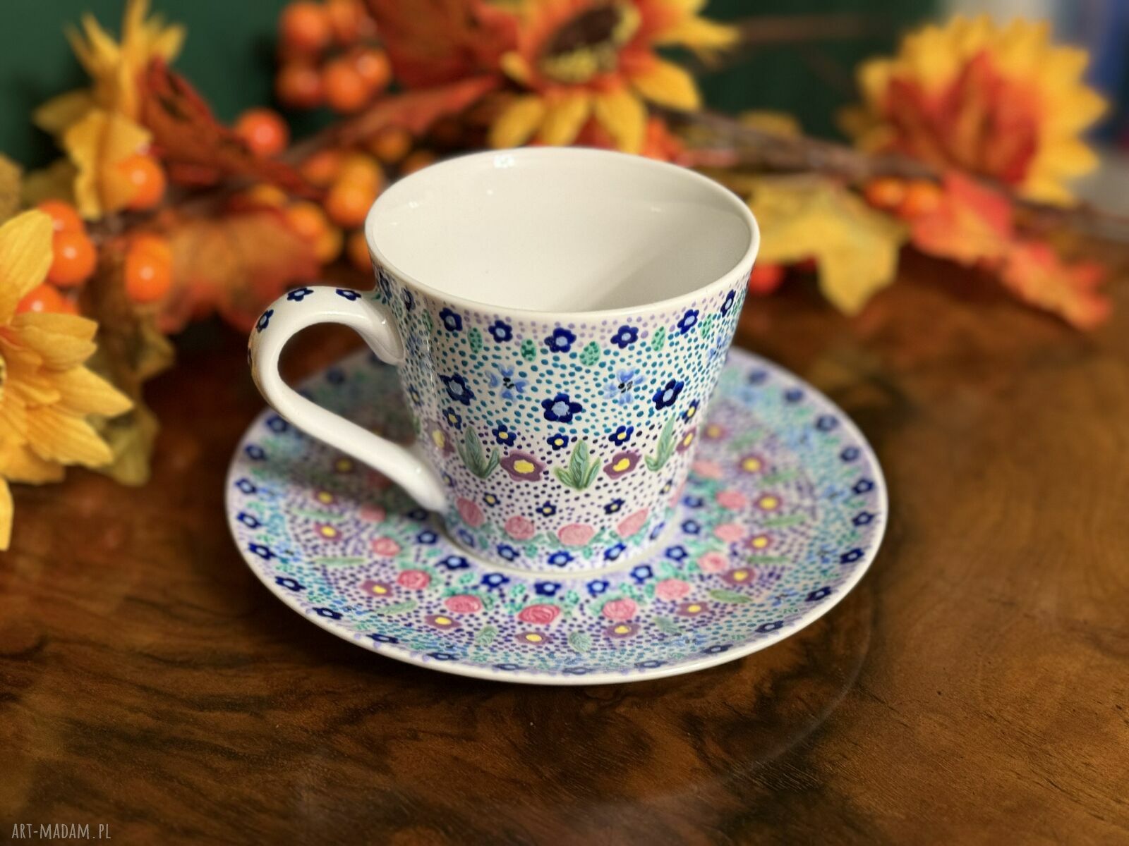Kolorowa filiżanka porcelanowa ręcznie malowana „Mozaika” ze spodkiem (250 ml)