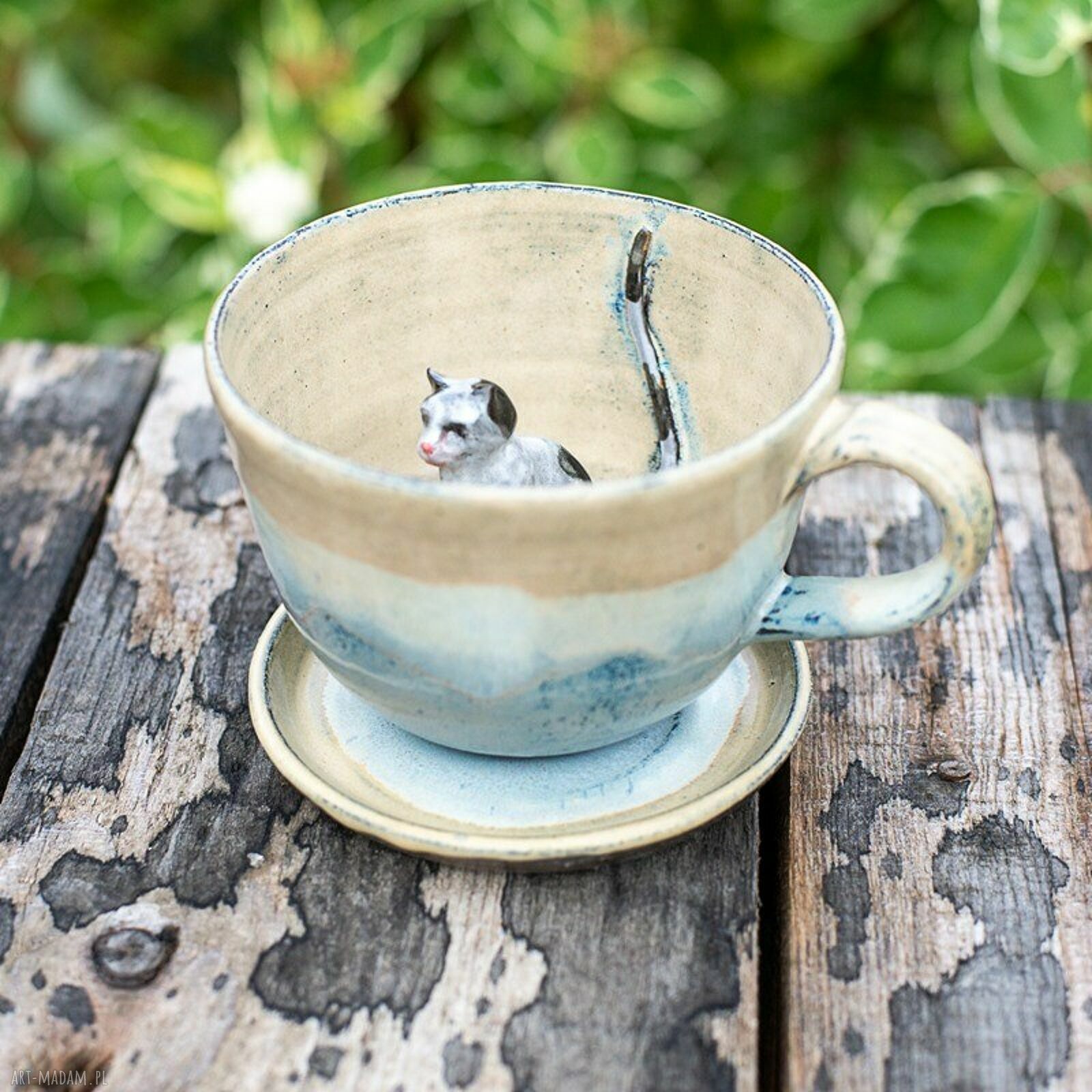 Filiżanka z figurką kota - rękodzieło ceramiczne 400 ml