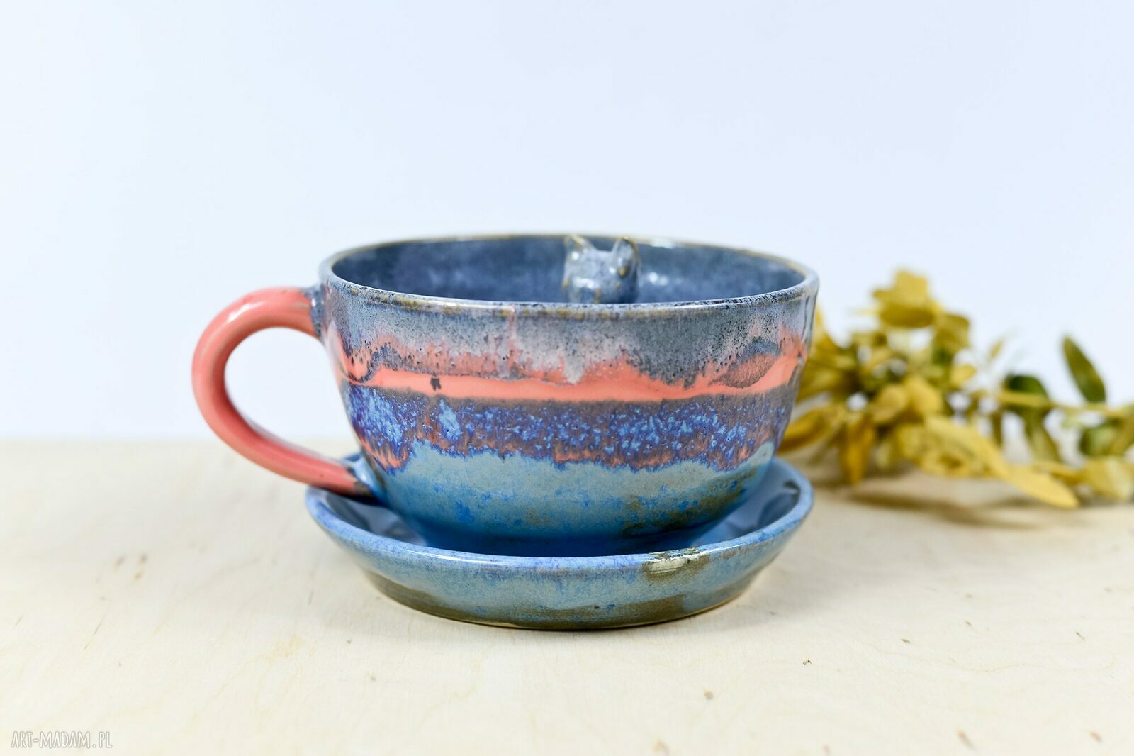 Filiżanka z figurką kota - tricolor - rękodzieło ceramiczne 300 ml