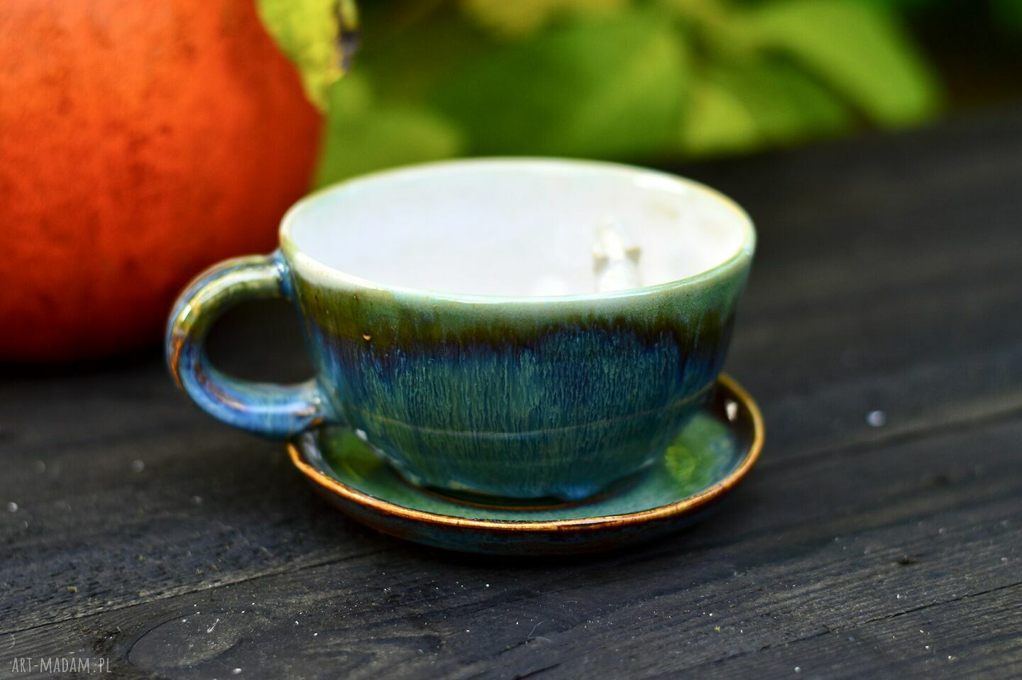 filiżanka z figurka kota | niebiesko zielona | kamionka | 270