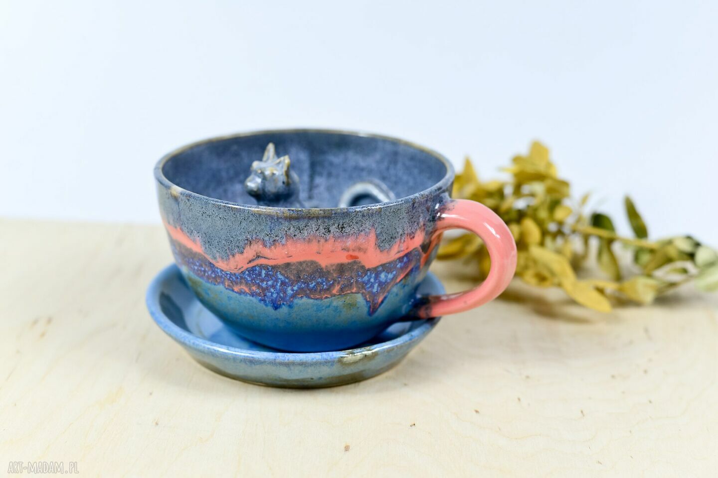 Filiżanka z figurką kota - tricolor - rękodzieło ceramiczne 300 ml