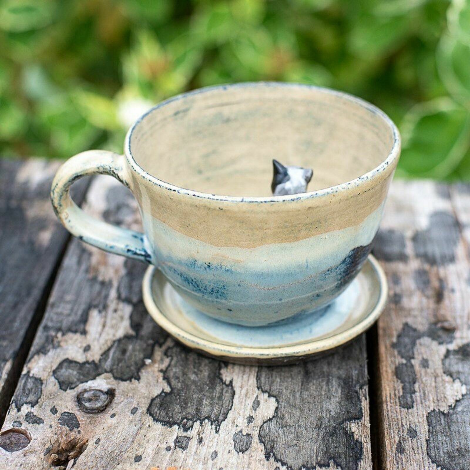 Filiżanka z figurką kota - rękodzieło ceramiczne 400 ml