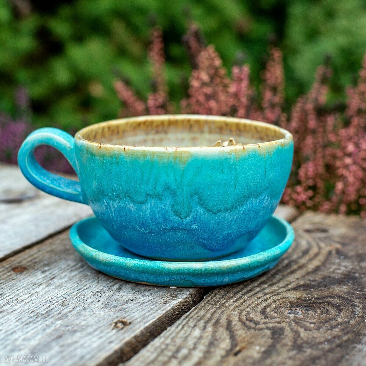 Filiżanka z koniem Azul Horse - piegowaty turkus, kamionka 300 ml (z talerzykiem)