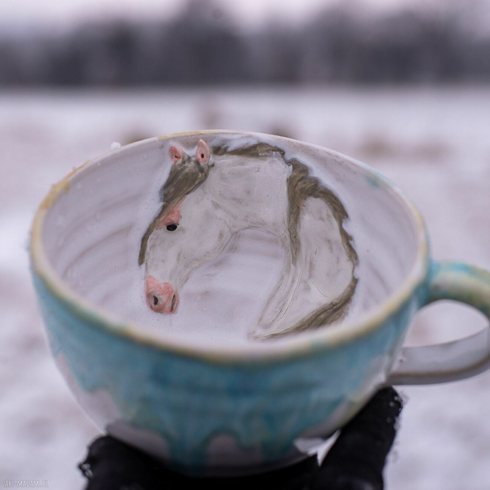 Niebieska filiżanka z koniem Azul Horse do kawy - kamionka ok 300 ml (z talerzykiem)