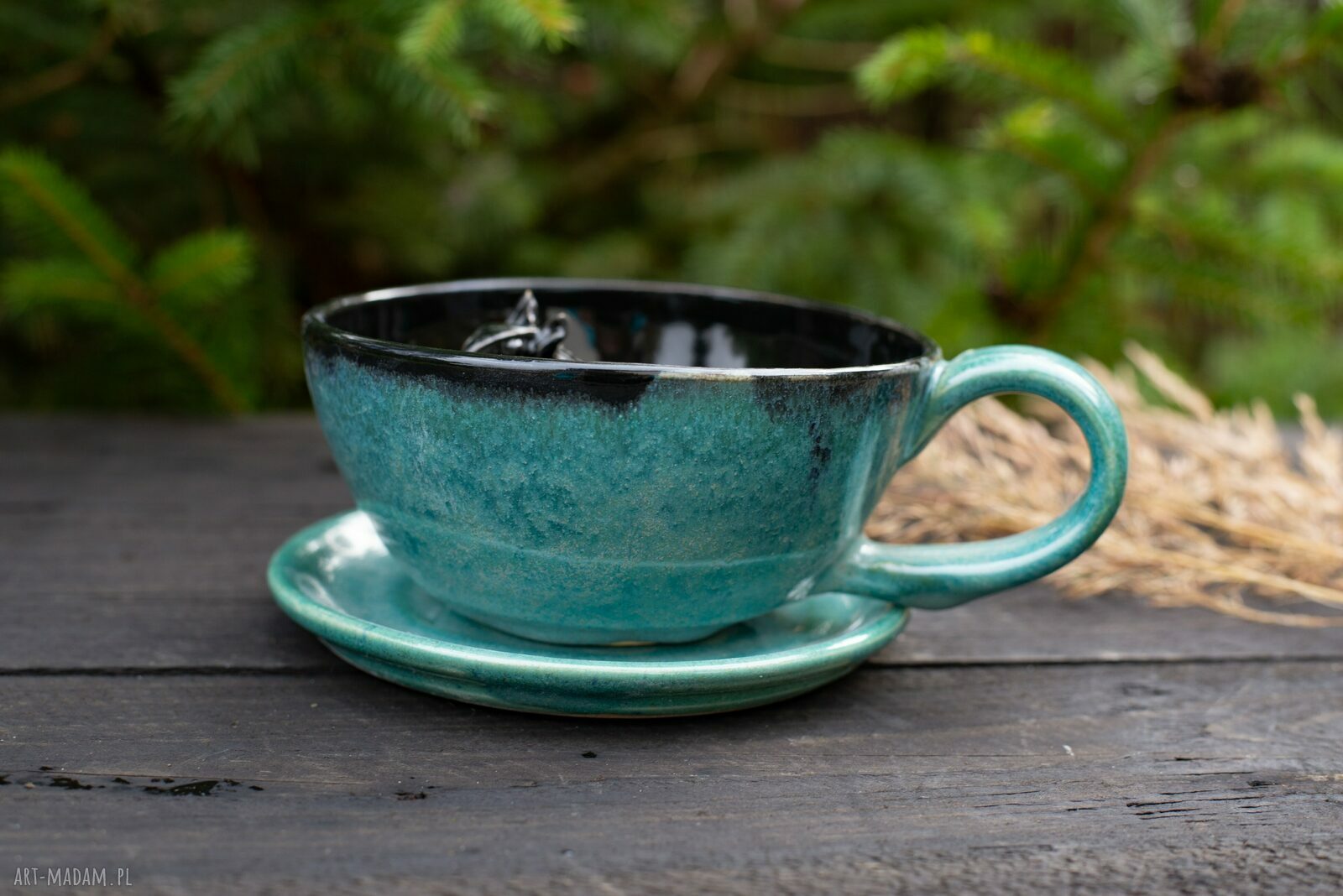 filiżanka z koniem| czarny turkus| do kawy | kamionka | 300 ml ...