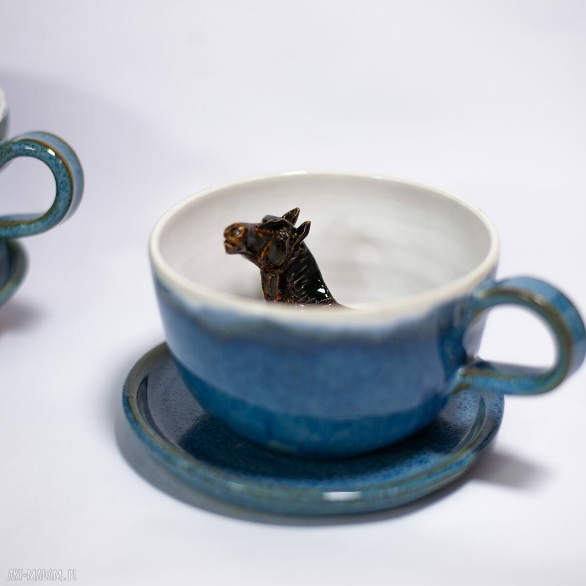 Filiżanka z Koniem Gniady Blue do Kawy Kamionka 300 ml Tenmoku ღ art ...