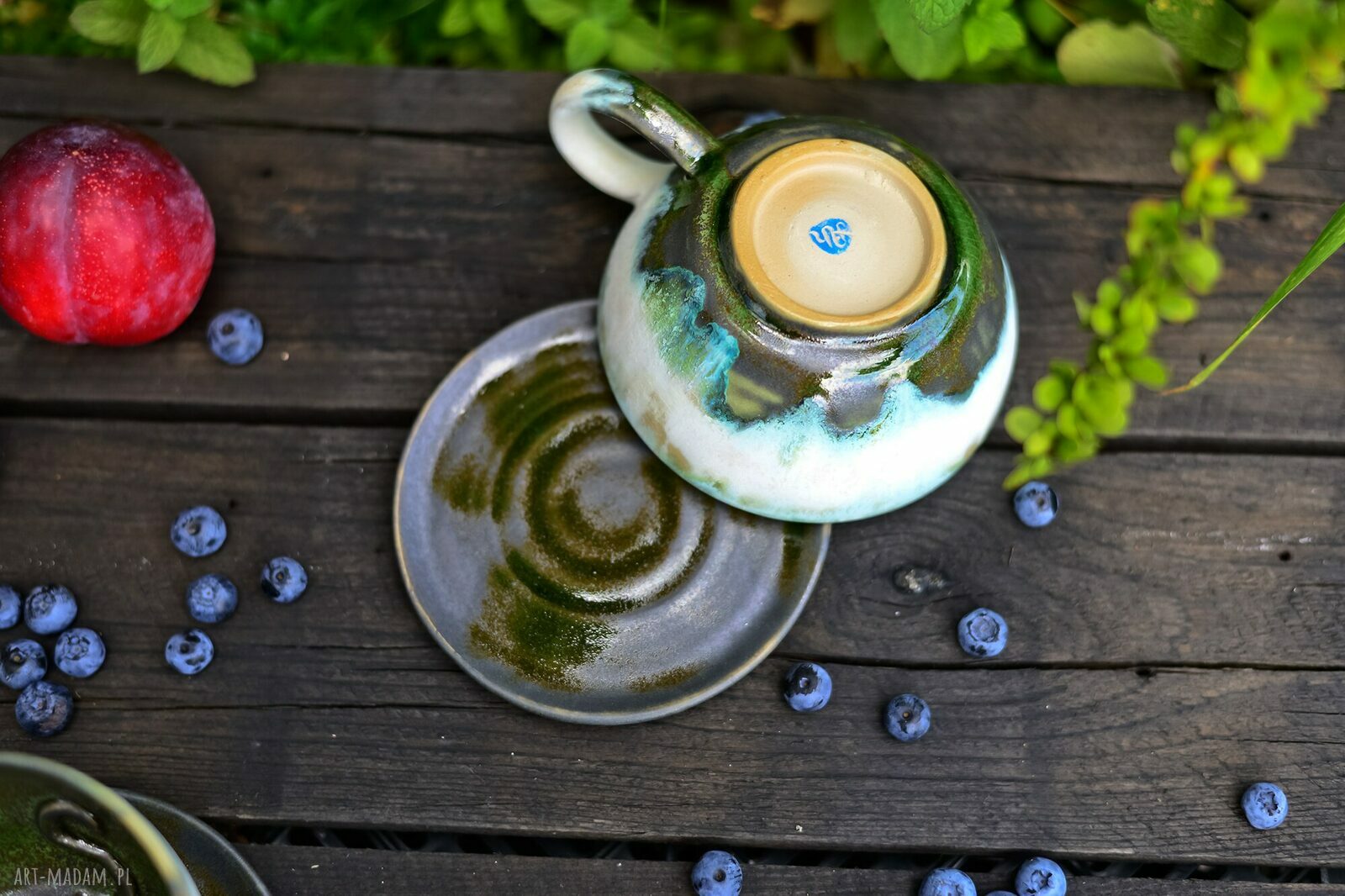 Filiżanka z kotem zielono-beżowa - rękodzieło 300 ml