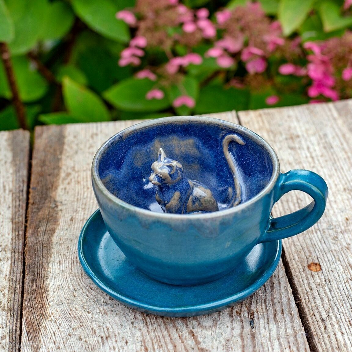 Filiżanka z kotem „Morska Noc” - rękodzieło ceramiczne 300 ml
