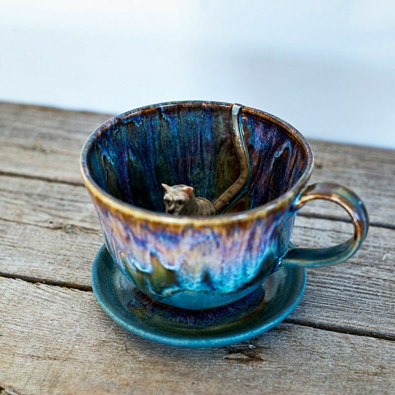 Szara filiżanka z kotem Opal - rękodzieło ceramiczne ok. 350 ml