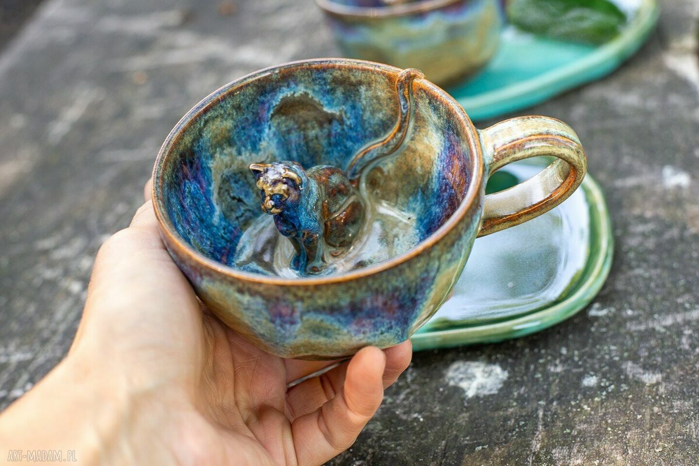 Filiżanka z kotem - Leśne Jeziorko (ok. 300 ml) - rękodzieło ceramiczne