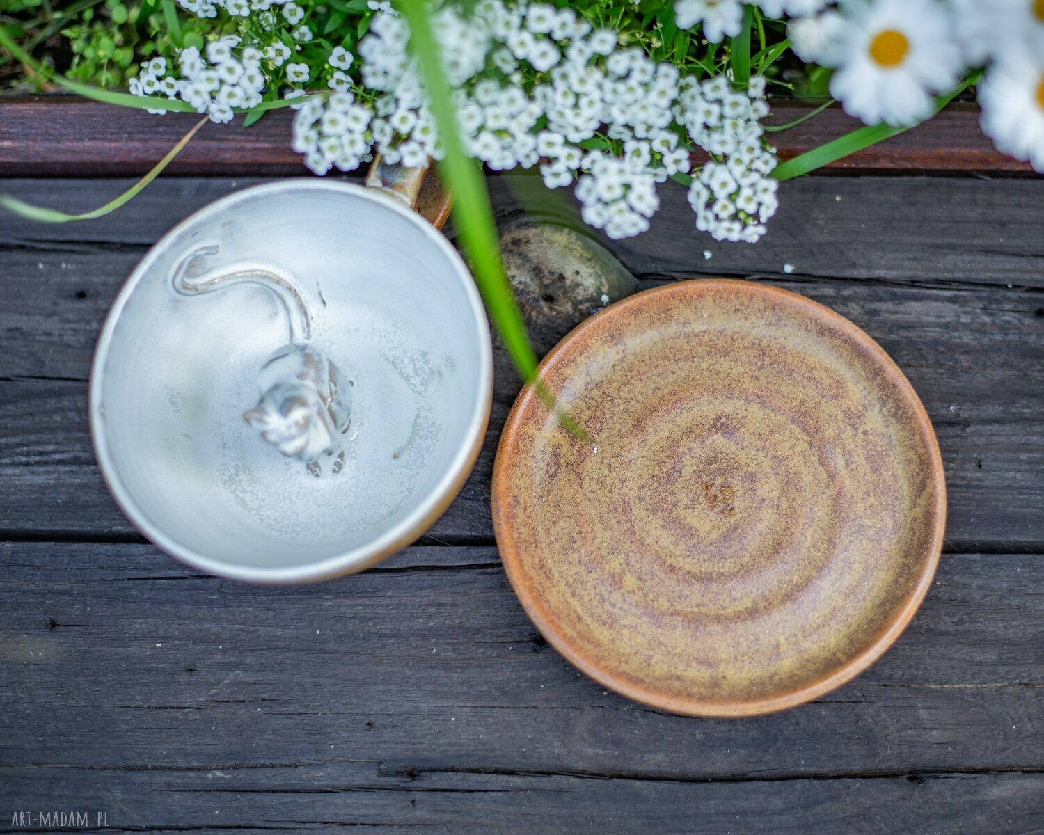 Ręcznie toczona filiżanka ceramiczna z kotem Tajga 300 ml z talerzykiem