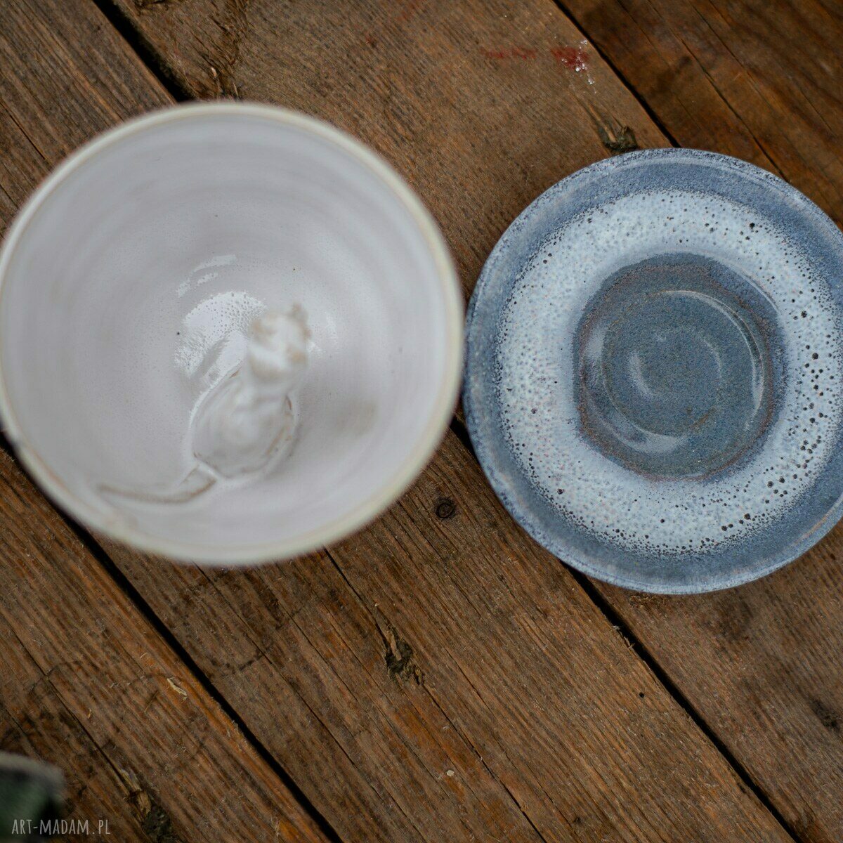 Filiżanka z kotem - niebiesko-szary biel, rękodzieło ceramiczne, ok 300 ml