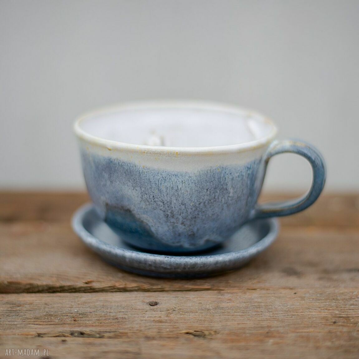 Filiżanka z kotem - niebiesko-szary biel, rękodzieło ceramiczne, ok 300 ml