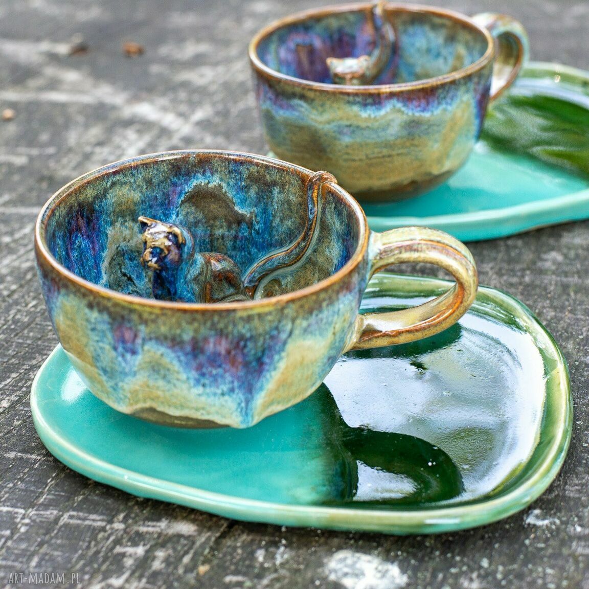 Filiżanka z kotem - Leśne Jeziorko (ok. 300 ml) - rękodzieło ceramiczne