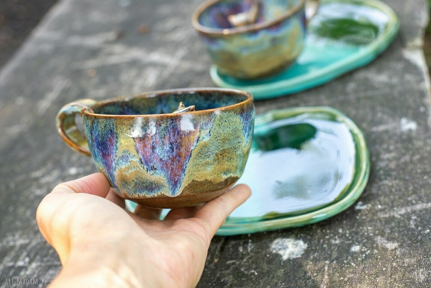 Filiżanka z kotem - Leśne Jeziorko (ok. 300 ml) - rękodzieło ceramiczne