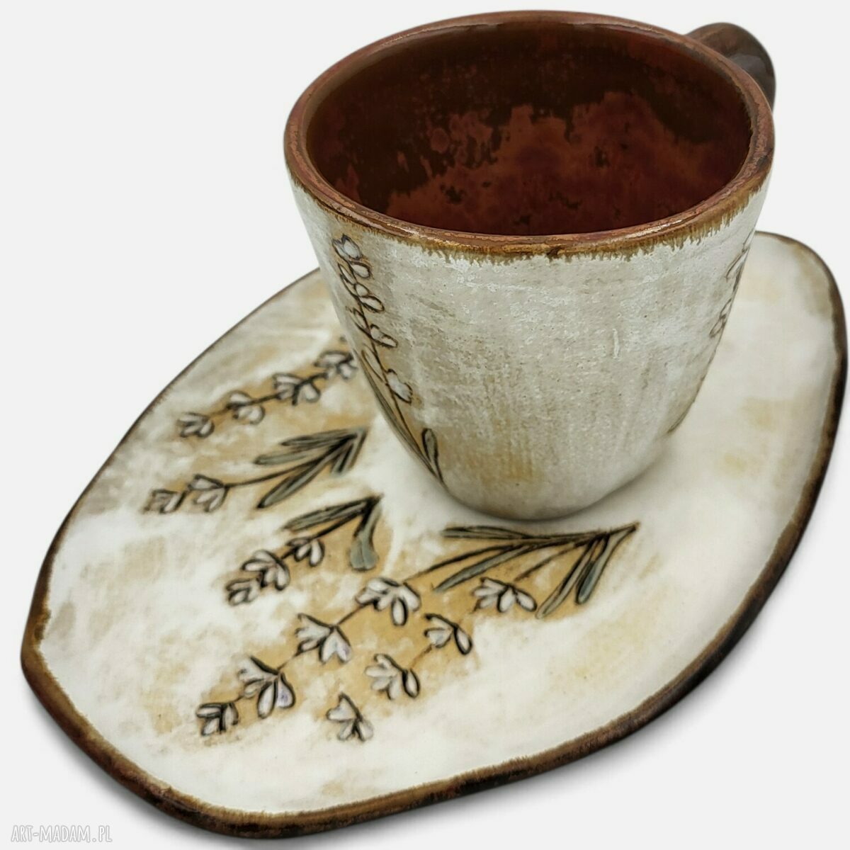 Filiżanka z podstawkiem handmade Boho z motywem lawendy