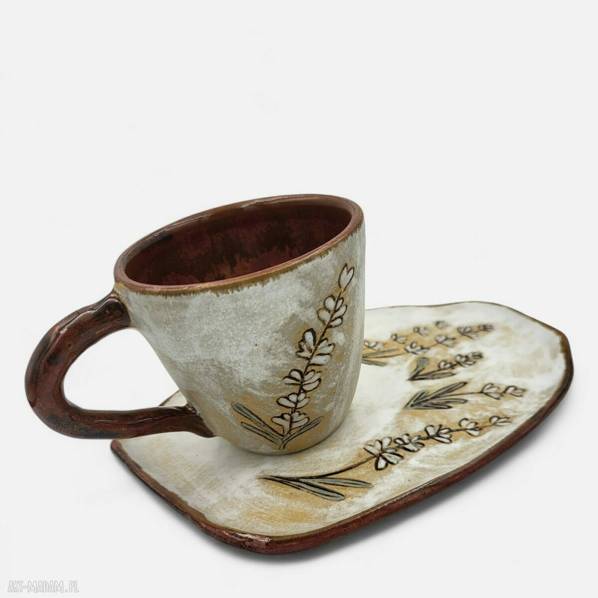 Filiżanka z podstawkiem handmade Boho z motywem lawendy