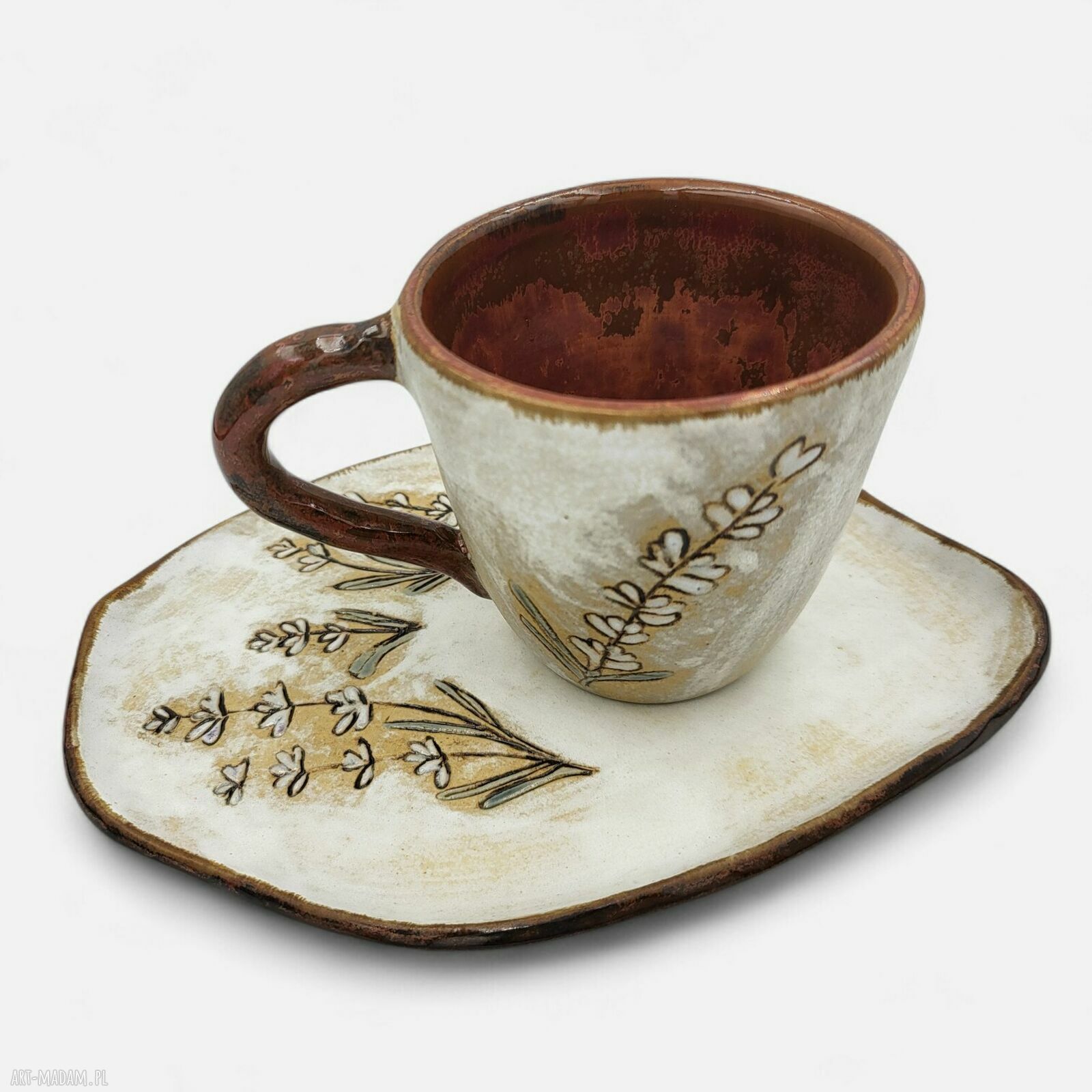 Filiżanka z podstawkiem handmade Boho z motywem lawendy