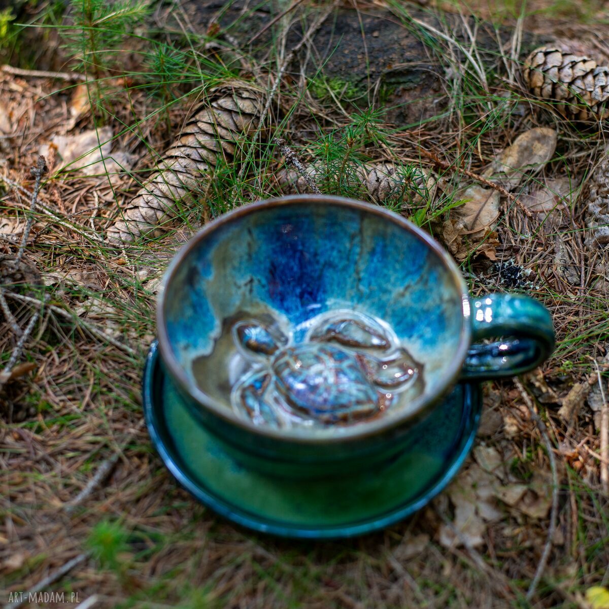 Filiżanka z żółwiem Smaragdowe Morze - ok 300 ml, ceramika handmade z talerzykiem