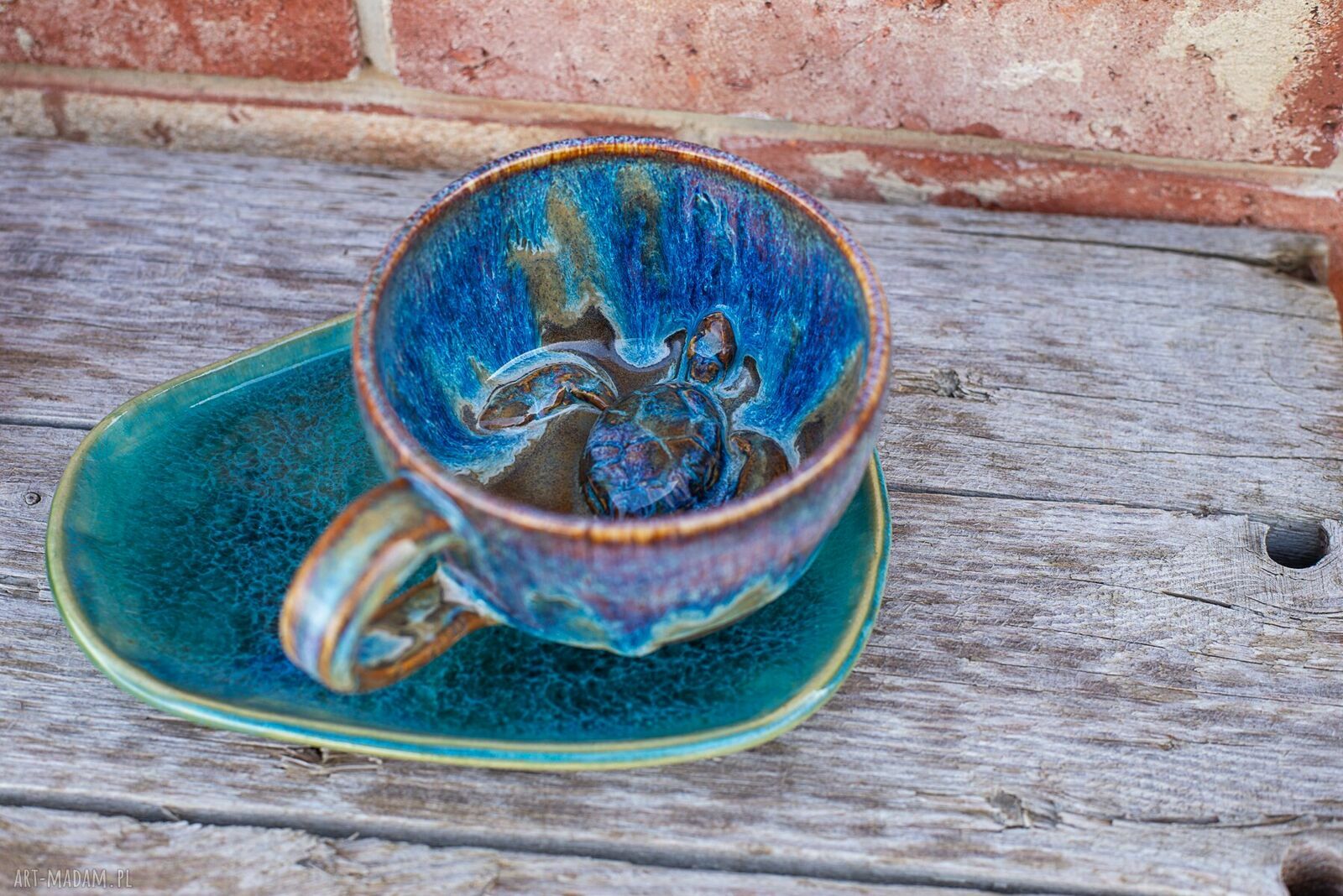 Filiżanka z żółwiem Opal - rękodzieło ceramiczne ok. 300 ml z talerzykiem