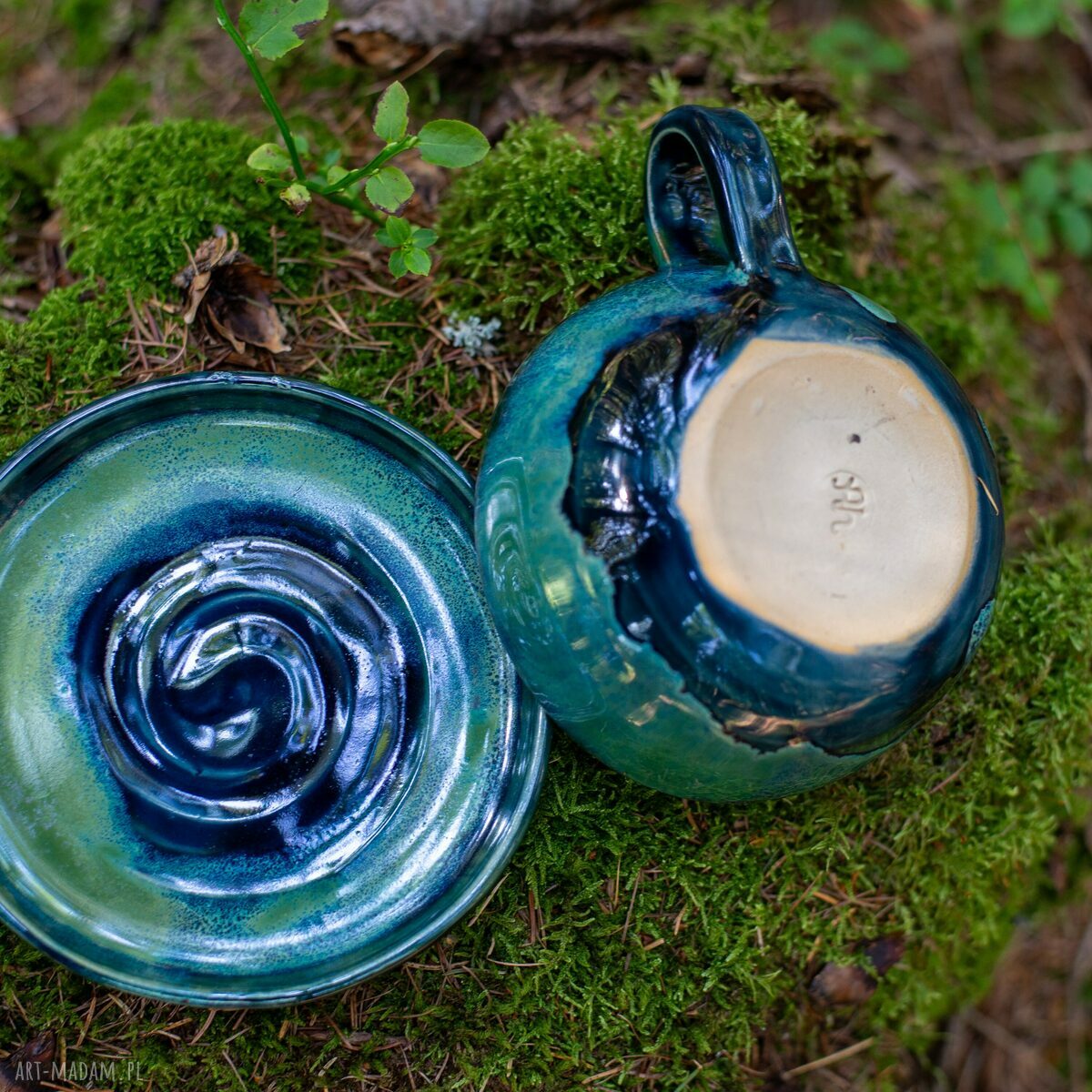 Filiżanka z żółwiem Smaragdowe Morze - ok 300 ml, ceramika handmade z talerzykiem