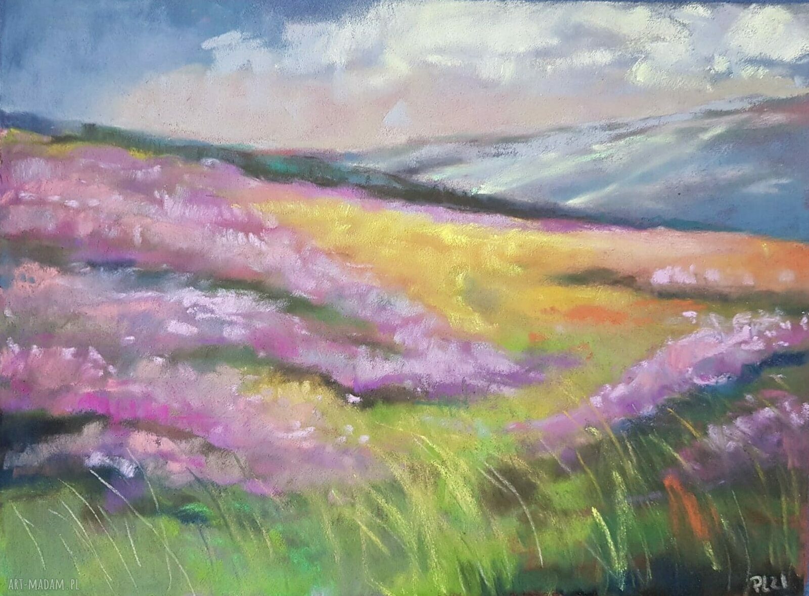 Fioletowa Łąka - obraz wykonany pastelami suchymi (24x18 cm)